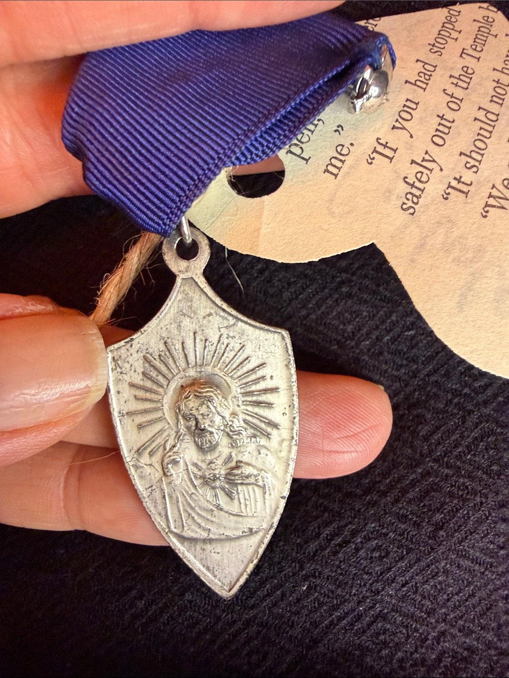 Religious Shield Pendant - Silver Tone with Purple Ribbon